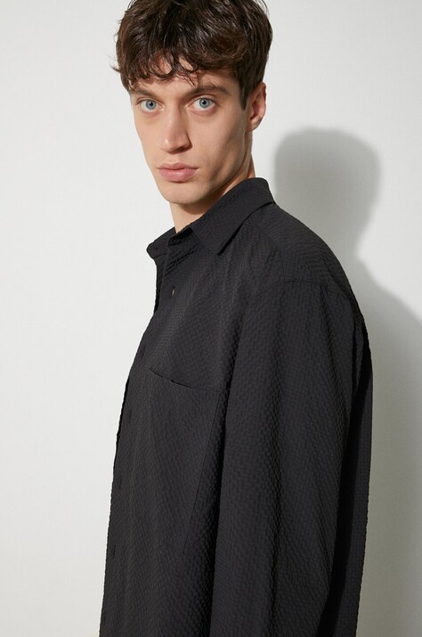 Košulja MKI MIYUKI ZOKU Seersucker Dress Shirt za muškarce, boja: crna, regular, s klasičnim ovratnikom, SEERSUCKER.DRESS.SHIRT