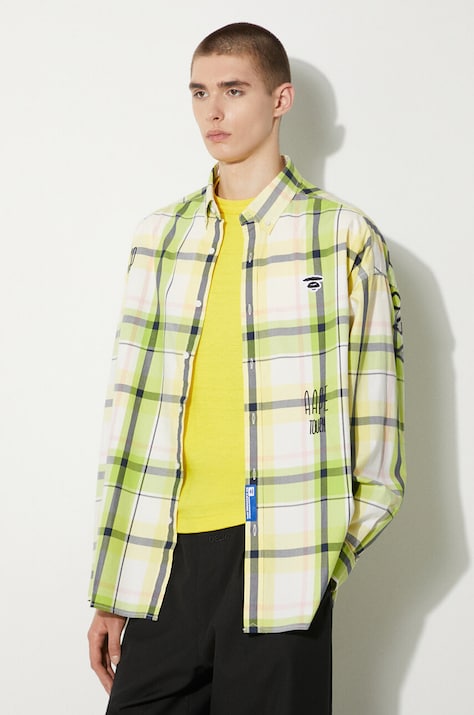 Bavlněná košile AAPE zelená barva, relaxed, s límečkem button-down, AAPSTM8479XXM