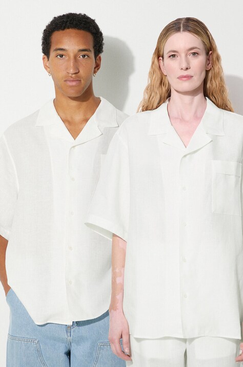 Ľanová košeľa Pangaia DNA Linen Camp Collar Shirt biela farba, voľný strih, 10002046