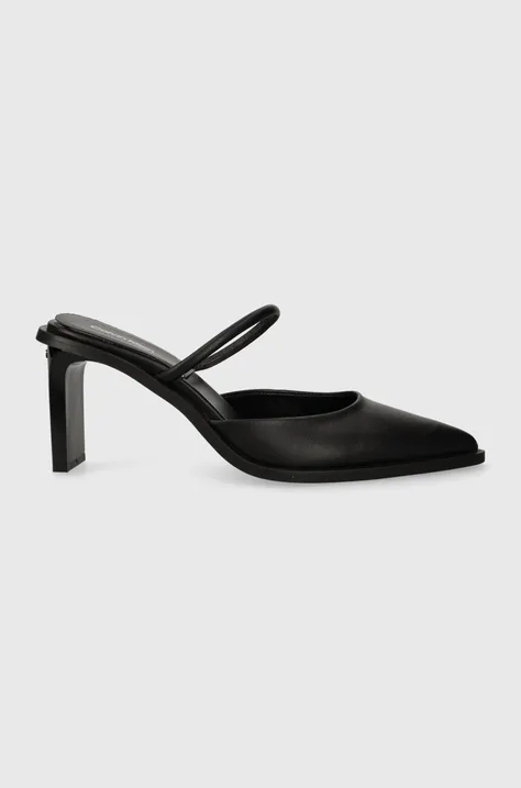 Kožené pantofle Calvin Klein PADDED CURVED STIL MULE PUMP 70 dámské, černá barva, na podpatku, HW0HW01991