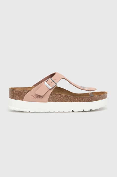 Nubukové žabky Birkenstock X PAPILLIO Gizeh Flex Platform růžová barva, na plochém podpatku, 1026980