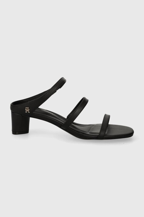 Tommy Hilfiger slapi de piele TH STRAP LEATHER MID HEEL femei, culoarea negru, cu toc drept, FW0FW07731