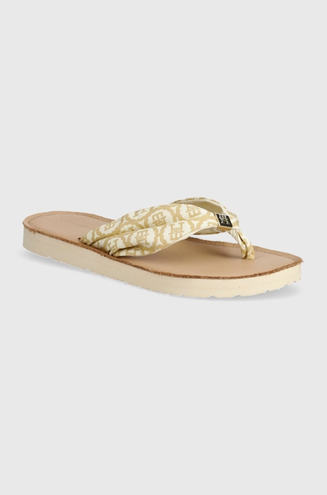 Žabky Tommy Hilfiger TH EMBLEM ELEVATED BEACH SANDAL dámske, béžová farba, na plochom podpätku, FW0FW07847