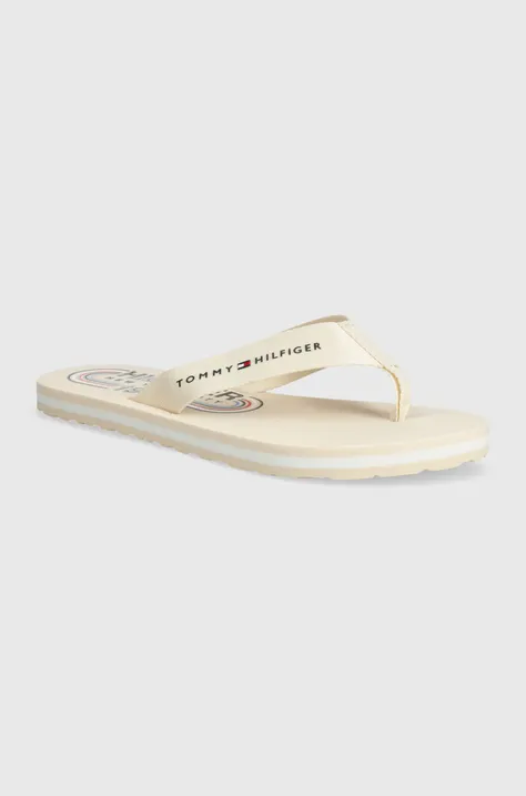 Žabky Tommy Hilfiger GLOBAL STRIPES FLAT BEACH SANDAL dámske, béžová farba, na plochom podpätku, FW0FW07856