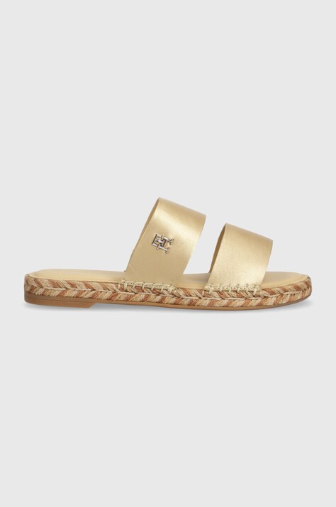Tommy Hilfiger slapi de piele TH GOLD FLAT ESPADRILLE SANDAL femei, culoarea auriu, FW0FW07932