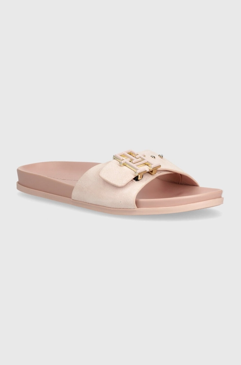 Tommy Hilfiger papuci din piele TH HARDWARE SUEDE FLAT SANDAL femei, culoarea roz, FW0FW07935