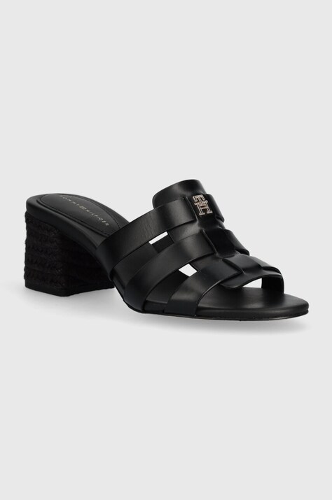 Usnjeni natikači Tommy Hilfiger BLOCK MID HEEL LEATHER SANDAL ženski, črna barva, FW0FW08049