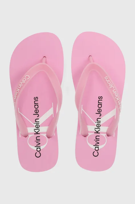 Žabky Calvin Klein Jeans BEACH SANDAL MONOLOGO TPU dámské, růžová barva, na plochém podpatku, YW0YW01246