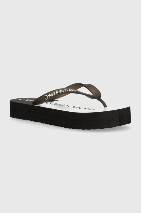 Žabky Calvin Klein Jeans BEACH SANDAL FLATFORM MONOLOGO dámske, čierna farba, na platforme, YW0YW01617