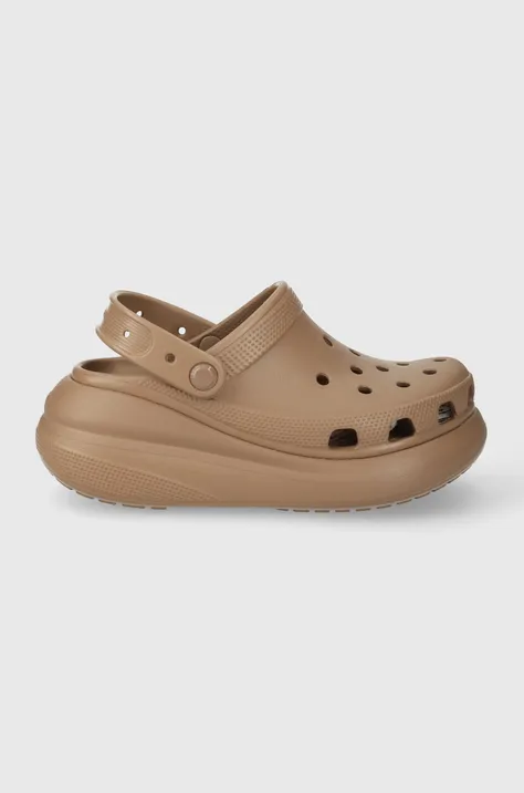 Pantofle Crocs Classic Crush Clog dámské, hnědá barva, na platformě, 207521