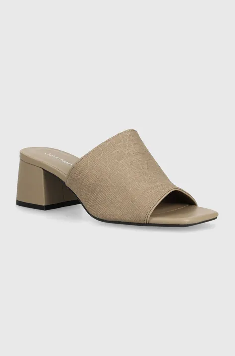 Pantofle Calvin Klein HEEL MULE 45 MONOCQ dámské, béžová barva, na podpatku, HW0HW01936