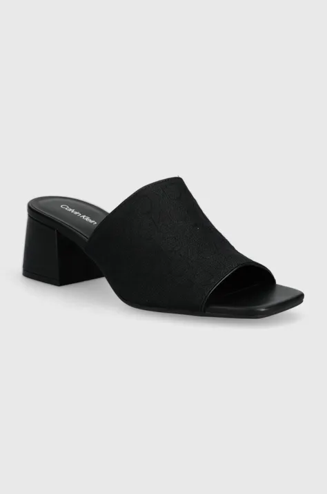 Pantofle Calvin Klein HEEL MULE 45 MONOCQ dámské, černá barva, na podpatku, HW0HW01936