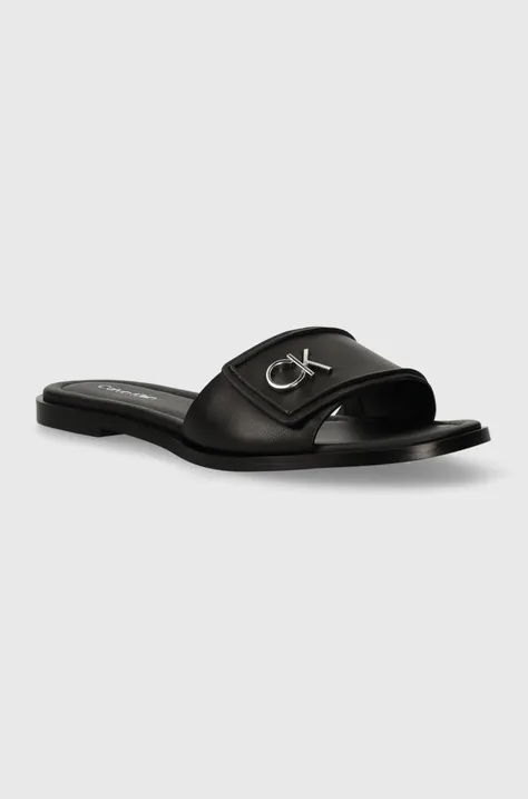 Kožené pantofle Calvin Klein FLAT SLIDE RELOCK LTH dámské, černá barva, HW0HW01939