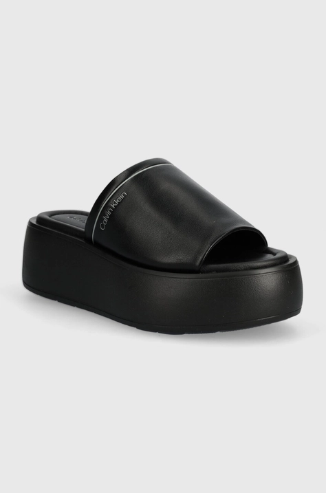 Кожаные шлепанцы Calvin Klein FLATFORM SLIDE LTH женские цвет чёрный на платформе HW0HW01943