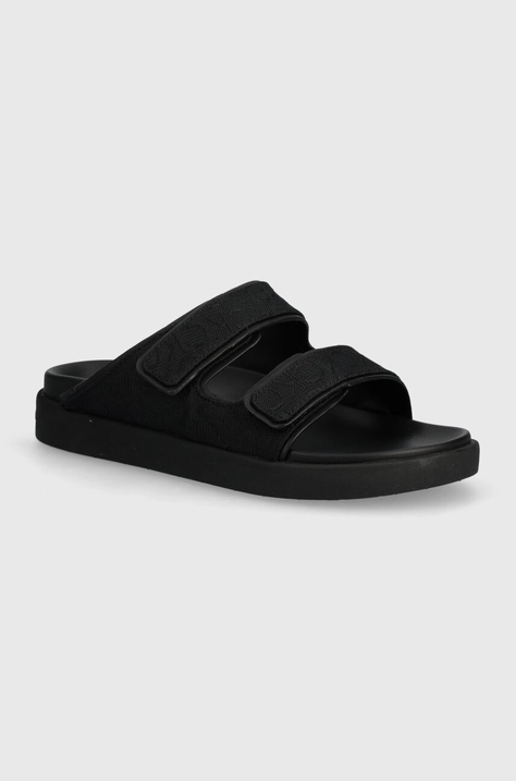 Pantofle Calvin Klein FLAT ADJ SLIDE MONOCQ dámské, černá barva, HW0HW01955