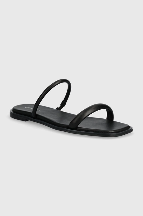 Usnjeni natikači Calvin Klein FLAT SLIDE LTH ženski, črna barva, HW0HW02127