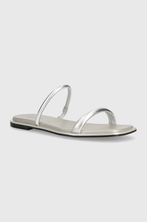 Calvin Klein slapi de piele FLAT SLIDE MET femei, culoarea argintiu, HW0HW02128