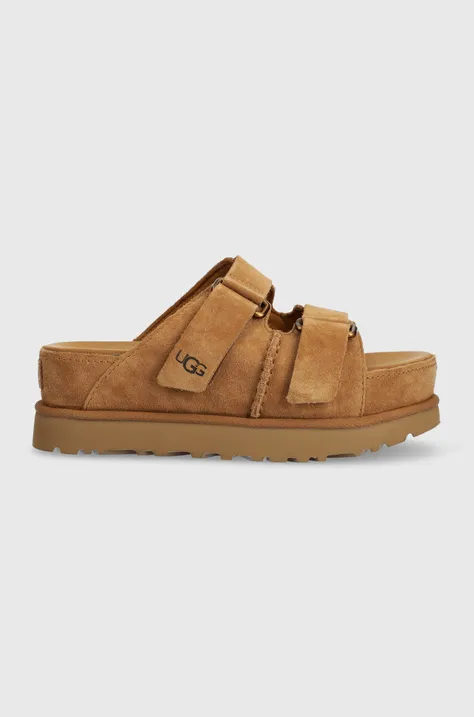UGG papuci din piele Goldenstar Hi Slide femei, culoarea maro, cu platforma, 1155458