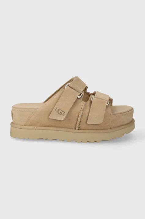 UGG klapki zamszowe Goldenstar Hi Slide damskie kolor beżowy na platformie 1155458