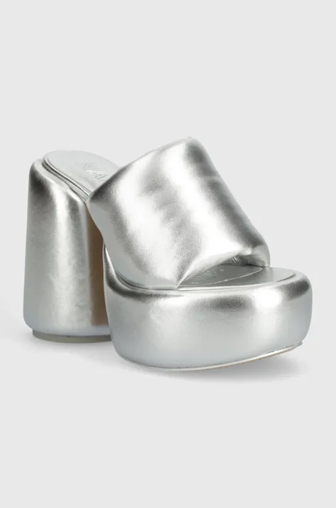 Kožené pantofle Naked Wolfe Wow Silver dámské, stříbrná barva, na podpatku