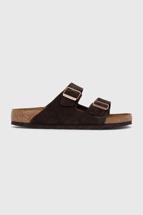 Birkenstock papuci din piele Arizona barbati, culoarea maro, 1027077