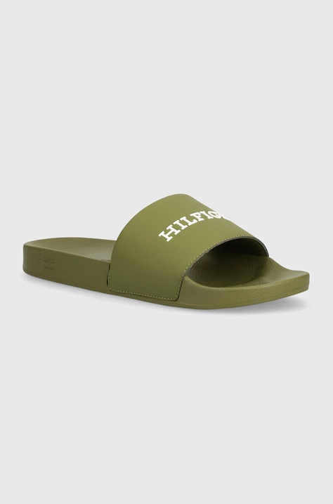 Tommy Hilfiger papuci RAISED POOL SLIDE barbati, culoarea verde, FM0FM05022