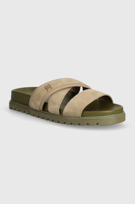 Tommy Hilfiger papucs velúrból ELEVATED TH CRISS SUEDE SANDAL bézs, férfi, FM0FM05065