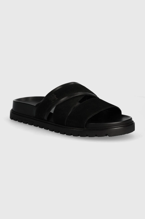 Tommy Hilfiger papuci din piele ELEVATED TH CRISS SUEDE SANDAL barbati, culoarea negru, FM0FM05065