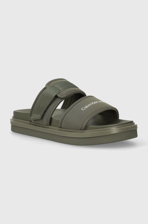 Calvin Klein Jeans papuci DOUBLE BAR SANDAL WB IN BR barbati, culoarea verde, YM0YM00946