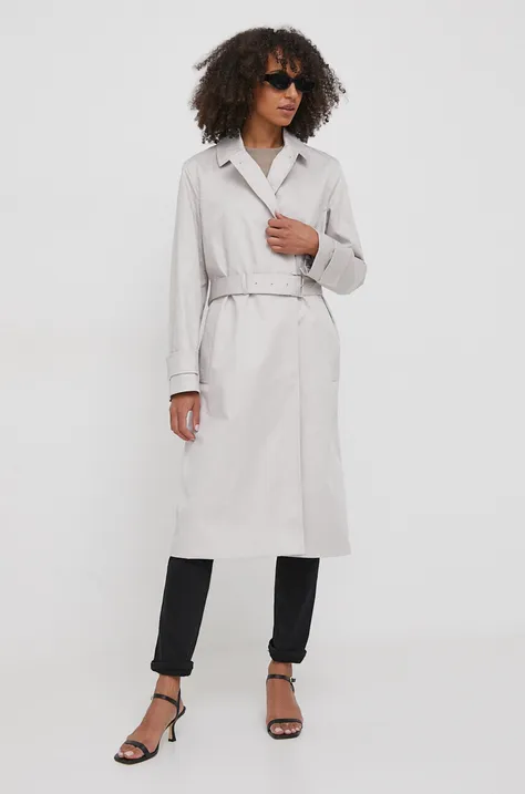 Тренч Calvin Klein жіночий колір сірий перехідний двобортний