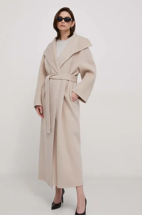 Vlnený kabát Calvin Klein šedá farba, prechodný, oversize