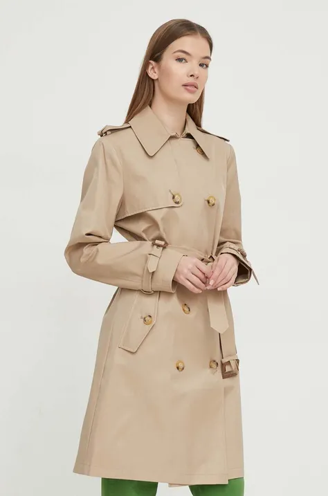 Kabát Lauren Ralph Lauren dámsky, béžová farba, prechodný, dvojradový
