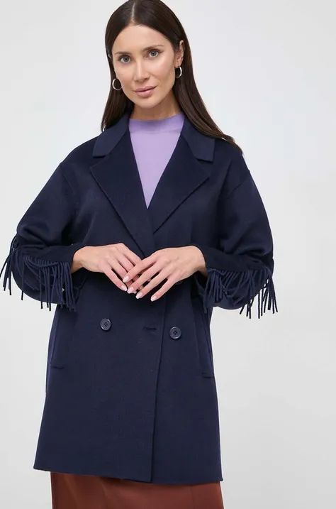 Vlnený kabát Twinset tmavomodrá farba, prechodný, dvojradový