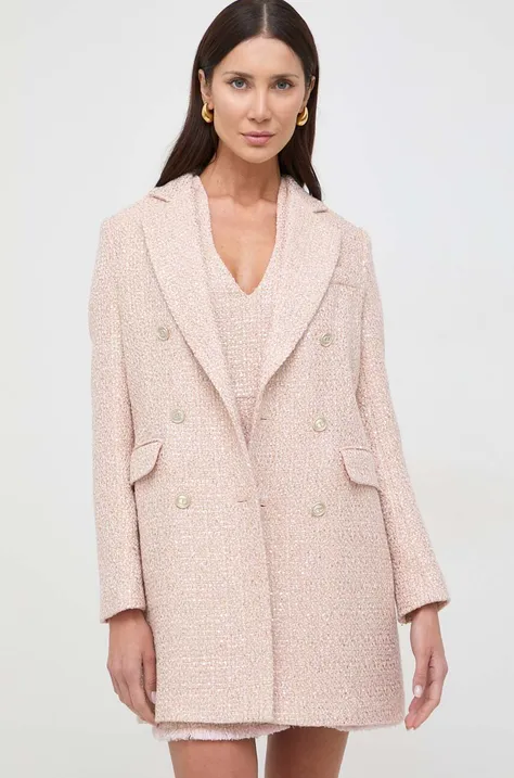 Twinset palton din lana culoarea roz, de tranzitie, cu doua randuri de nasturi