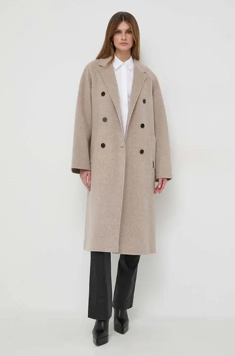 Karl Lagerfeld płaszcz wełniany kolor beżowy przejściowy dwurzędowy