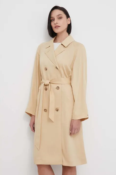 Tommy Hilfiger trench femei, culoarea bej, de tranziție, cu două rânduri nasturi WW0WW41900