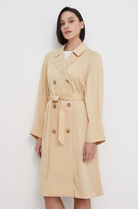 Tommy Hilfiger trench femei, culoarea bej, de tranziție, cu două rânduri nasturi WW0WW41900