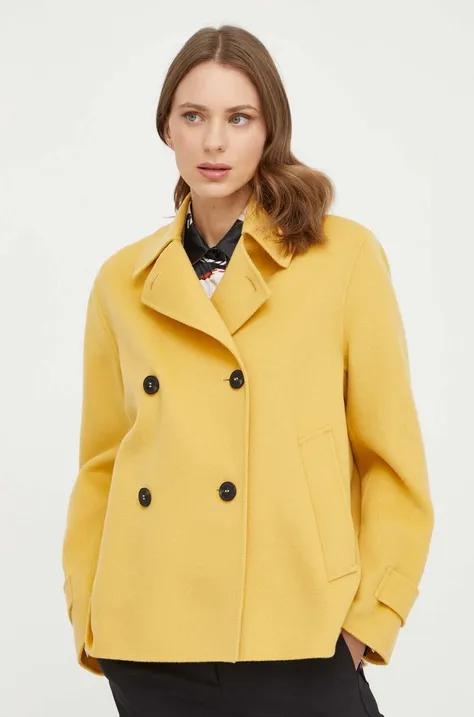 Weekend Max Mara płaszcz wełniany kolor żółty przejściowy dwurzędowy