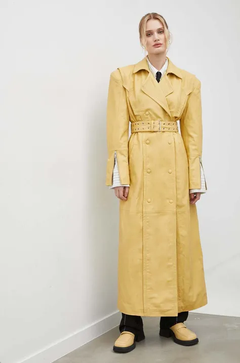 Kožený kabát Gestuz dámsky, žltá farba, prechodný, dvojradový, 10908974
