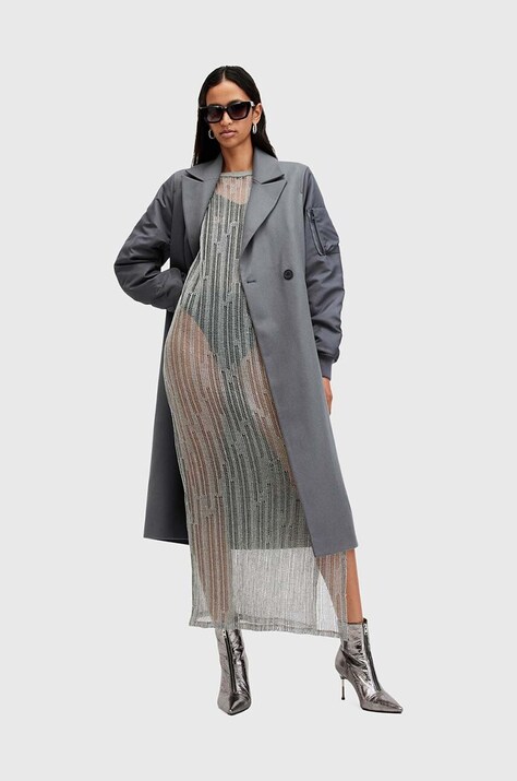 AllSaints palton de lana PAULAH culoarea gri, de tranzitie, cu doua randuri de nasturi, W007OZ