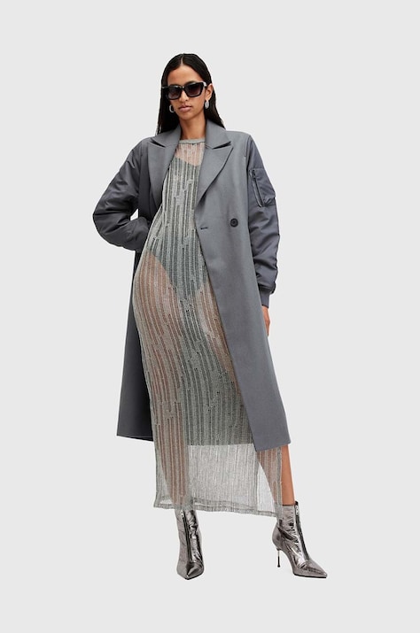 Kabát s vlnou AllSaints PAULAH šedá barva, přechodný, dvouřadový, W007OZ