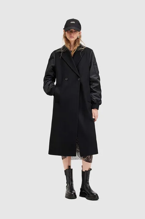 Пальто з вовною AllSaints PAULAH колір чорний перехідне двобортне W007OZ