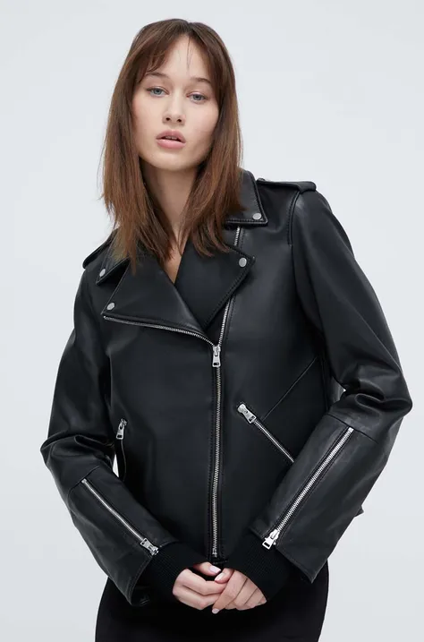 Шкіряна куртка HUGO жіноча колір чорний перехідна