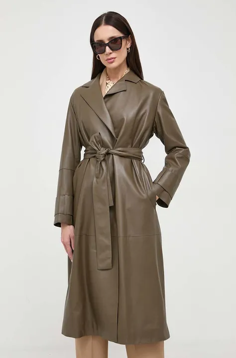 Δερμάτινο παλτό BOSS γυναικεία, χρώμα: καφέ