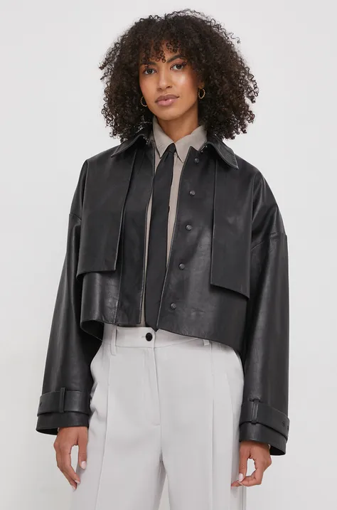Kožna jakna Calvin Klein za žene, boja: crna, za prijelazno razdoblje, K20K206312