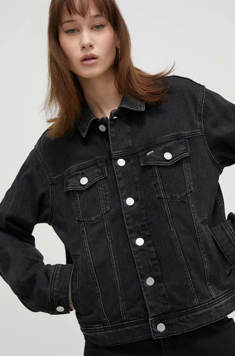 Rifľová bunda Tommy Jeans dámska, čierna farba, prechodná, oversize