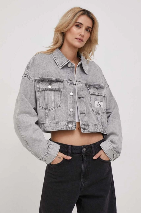 Rifľová bunda Calvin Klein Jeans dámska,šedá farba,prechodná,oversize,J20J222467