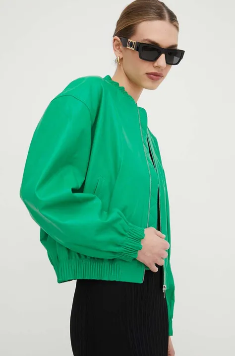 Kožna bomber jakna Custommade za žene, boja: zelena, za prijelazno razdoblje, oversize