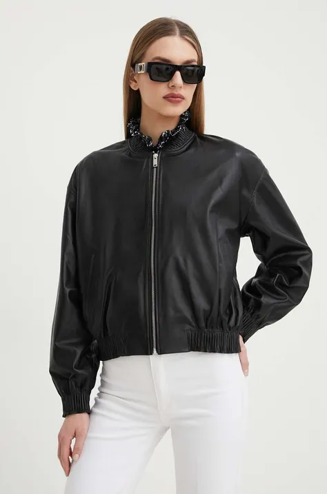 Kožna bomber jakna Custommade za žene, boja: crna, za prijelazno razdoblje, oversize