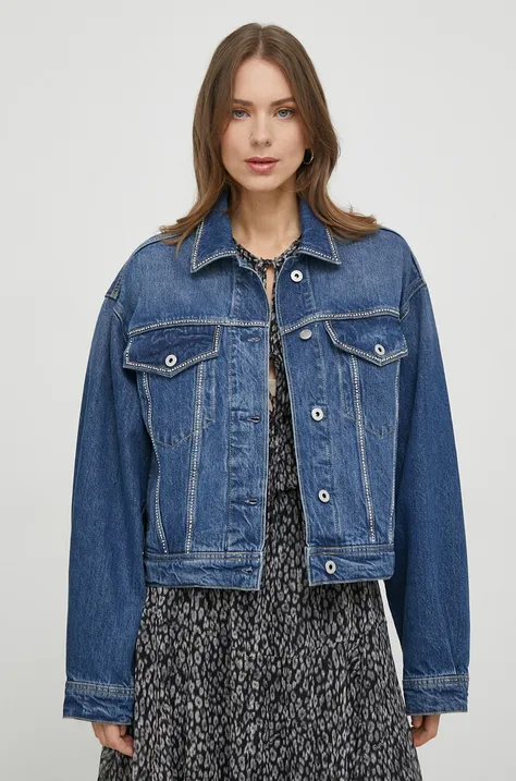 Pepe Jeans geacă din denim femei, culoarea bleumarin, de tranziție, oversized